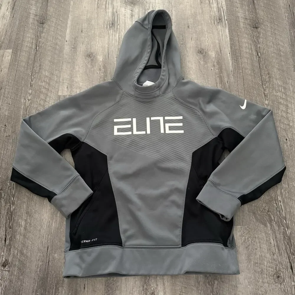 NIKE Elite Therma-Fit Hoodie BOYS Large Gray Dri-Fit Sweatshirt Fleece